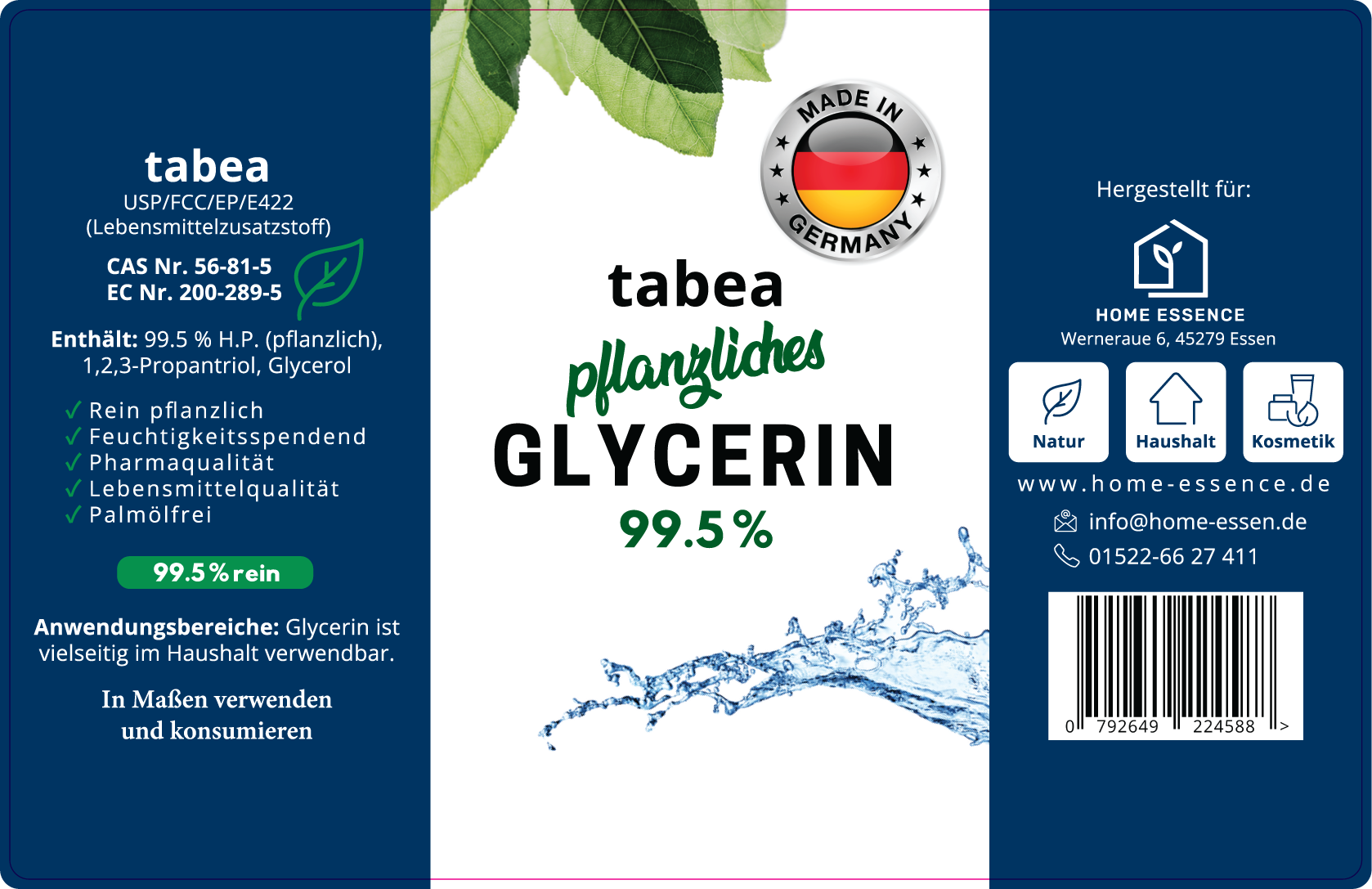 10 Liter Glycerin, Pharmaqualität, vegan, palmölfrei, Lebensmittelqualität (E422), tabea, Ph. Eur, Glycerol